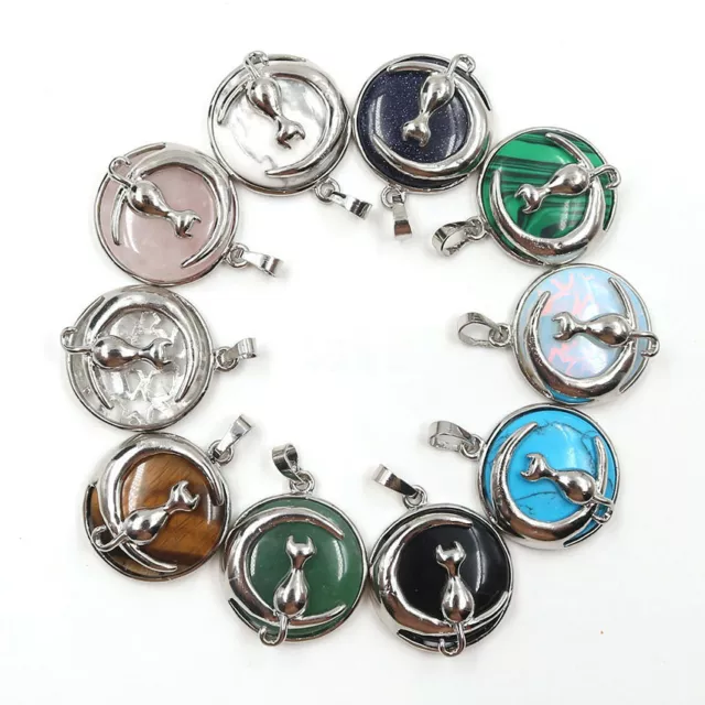 Natural Agate Malachite Aventurine Stone Beads Moon Cat Charms Pendant Necklace