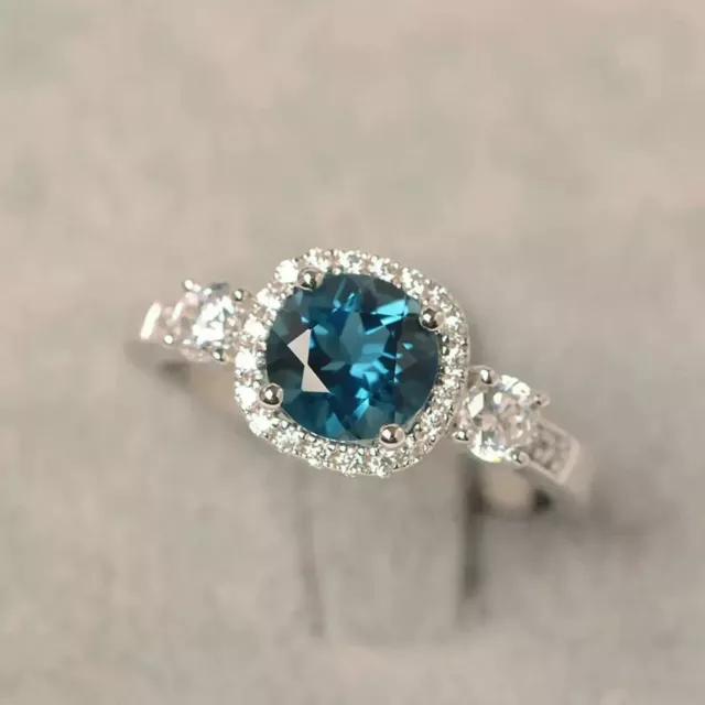 2CT ROUND LAB Created London Blue Topaz Halo Ring 14k White Gold Plated ...