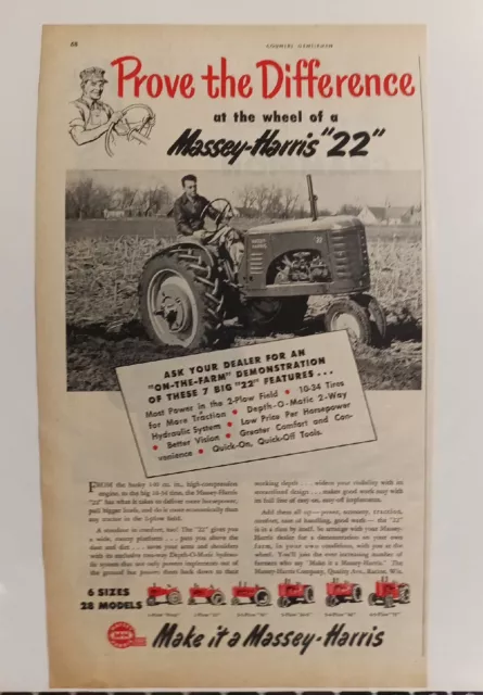 Vintage Massey-Harris Tractor Advertisement, "Prove the Difference" M-H 22 Plows