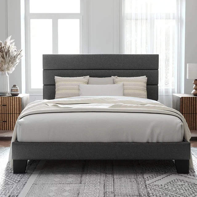 SLAT PLATFORM BED Frame Full/Queen//King Size with Fabric Upholstered