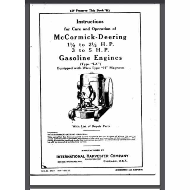 McCormick-Deering Gasoline Engines (Type LA) Instruction parts manual 19 pages