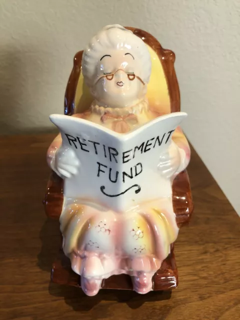 Vintage Lefton Granny Grandma Ceramic Retirement Fund Bank in Rocking Chair