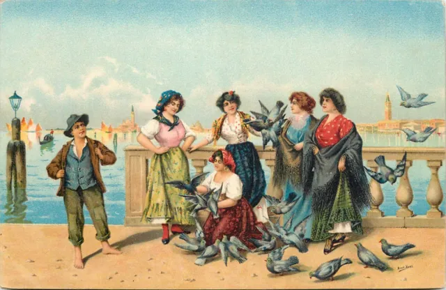 Venetian types with pigeons vintage Stengel fine art postcard by Tessari