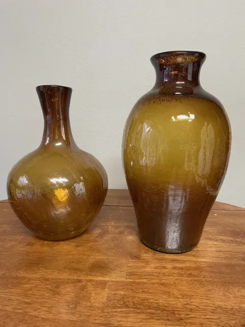 Vtg Large Heavy Hand Blown Art Glass Amber Crackle&Tortoise Effect Vases Choice
