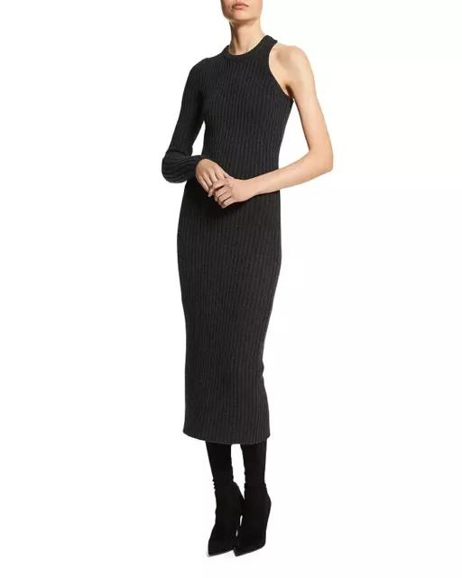 Michael Kors Collection Cashmere Blend One Sleeve Rib Dress Women's L Charcoal