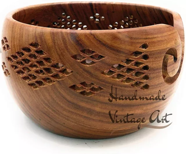 Sheesham Wood Crafted Wooden Yarn Storage Bowl with Carved Holes 7 X 4 Inch