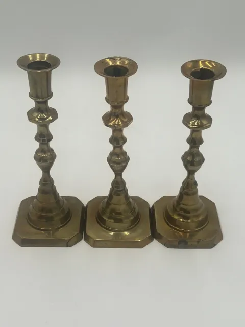 Antique Pair of 19th c. Brass Push Up Candlesticks 9" tall 3pcs