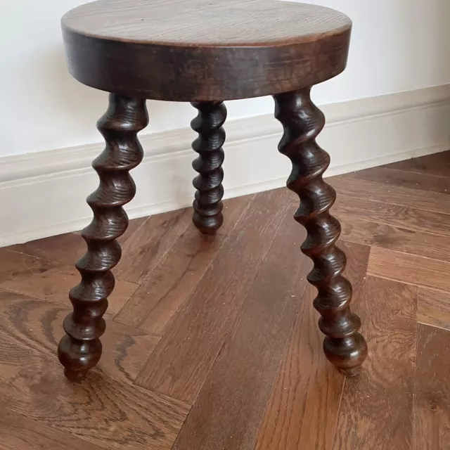 Antique French Turned Chunky 3 Leg Milking Stool Wooden Rustic Vtg Bobbin 2