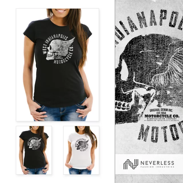 Damen T-Shirt Motorrad Biker Totenkopf Skull Wings Vintage Slim Fit Neverless®