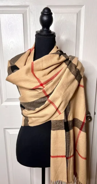 Cashmere Blend Scarf Unbranded Tan Black and Red Plaid 26"W x 72" L Soft Wrap