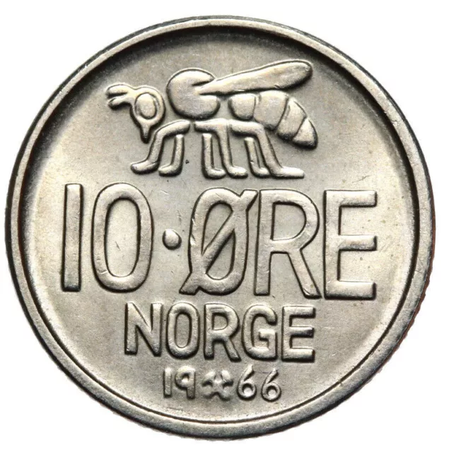 Norway - King Olav V - Coin - 10 Öre Oere 1966 ⚒ - Bee - Uncirculated UNC