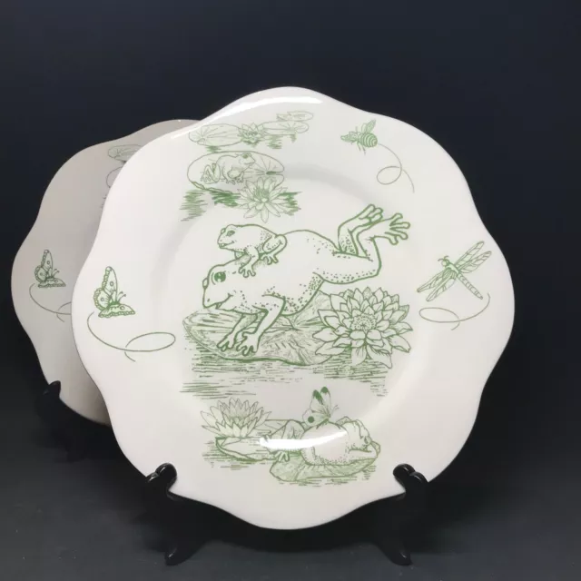 TWO Frog Toile Porcelain Plates E. Trostli 11.75” J Willfred Sadek Ceramic Gift