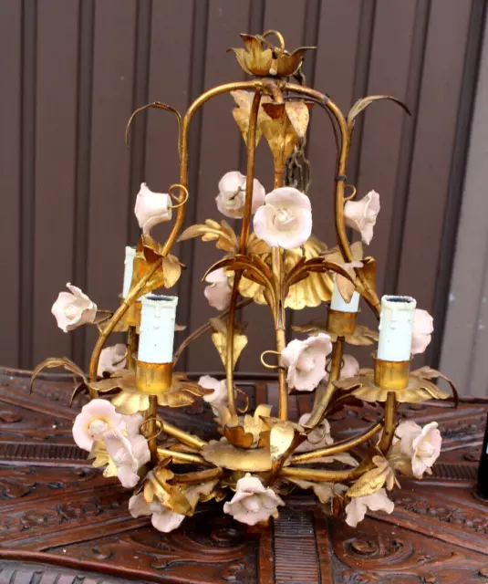 Vintage 1970 italian metal gold gilt pink porcelain roses chandelier lamp