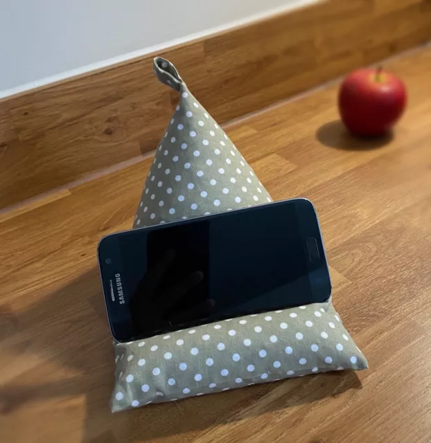 bean bag phone holder, sage green polka dot