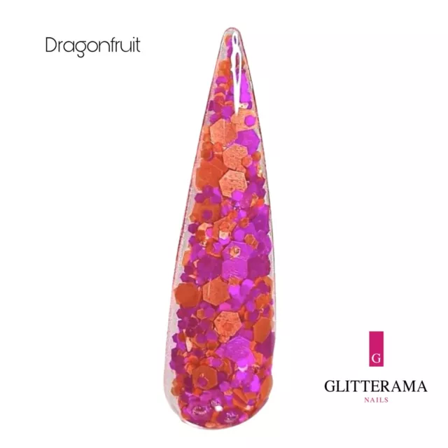 DRAGONFRUIT Coloured Acrylic Powder Glitterama Nails pink orange bright glitter