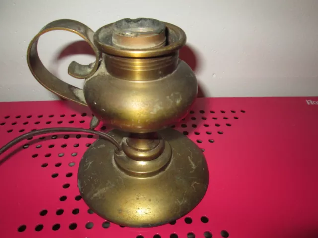 Vtg 5 " Brass Candle/Oil Style Electric Table Lamp  Handle Loop