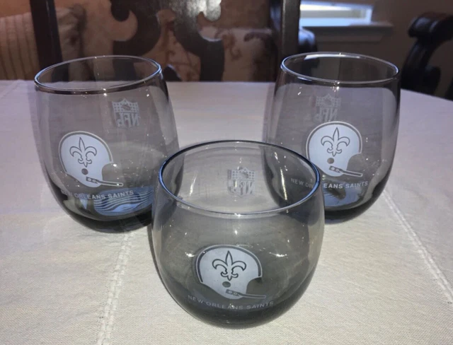 VTG NEW ORLEANS SAINTS SMOKEY GLASS ROLY POLY GLASSES LOT OF 3: 2/11oz+1/9ozVGUC