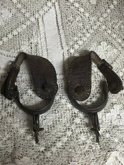 Antique Fine Pair Of Western Double Mounted Spurs Flower Conchos Tooled Leather!