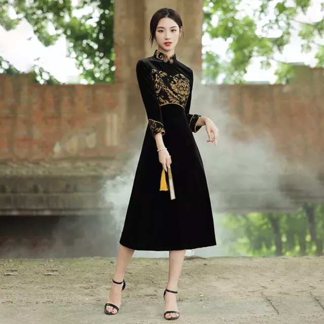 Cinese Tradizionale Cheongsam Donna Velluto Ricamato Qipao Abito da Sera