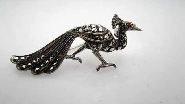 Vintage Peacock Marcasite 800 Solid Silver Pin marked CB