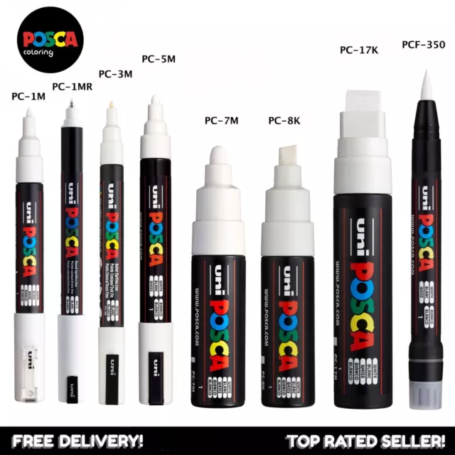 Uni Posca WHITE Paint Marker Pens - PC-1M 1MR 3M 5M 7M 8K 17K PCF350 - All Sizes