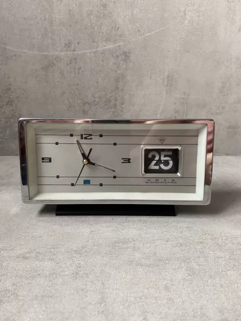 Vintage mechanical alarm clock diamond Shangai China flip calendar mid century