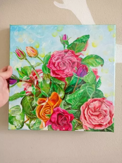 Dipinto Originale, Pittura A Mano, Tela 30 Cm, Arredamento Floreale, Mazzo Rose