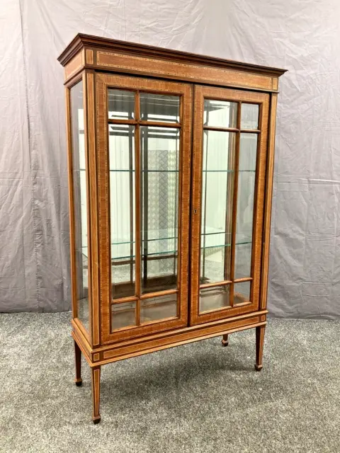 Antique bevelled glazed Georgian style inlaid display cabinet with sheraton legs