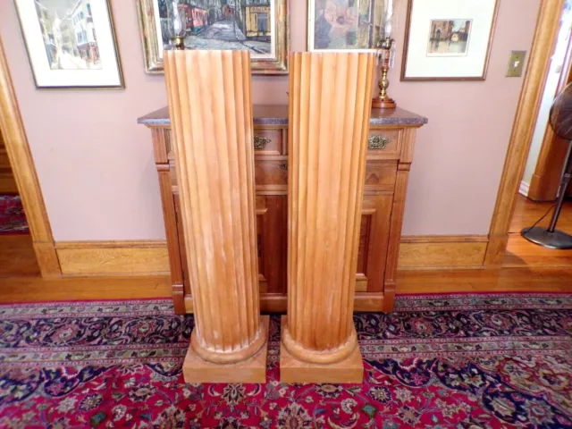 ALL WOOD Fluted Ionic Pedestal Columns Square Plinth Base Italy PAIR 49" Classic