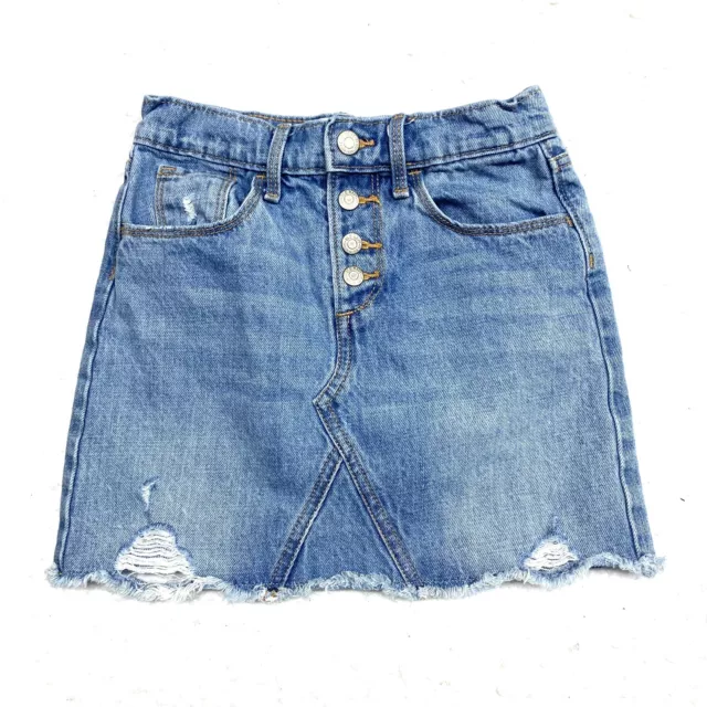 Old Navy Girls Size 8 Adjustable Waist Snap Front Blue Jean Denim Skirt Raw Hem