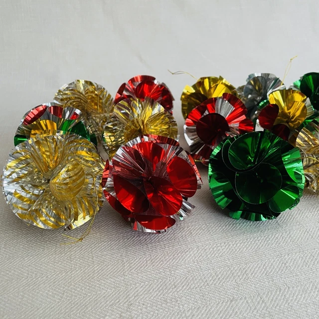 15 Vintage Kitsch Christmas Tree Foil Baubles,2 Inch Diam Ball~Pom Pom Shiny