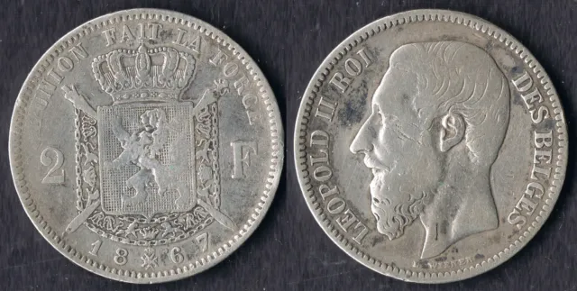 Belgien 2 Francs 1867 Leopold II.  Silber
