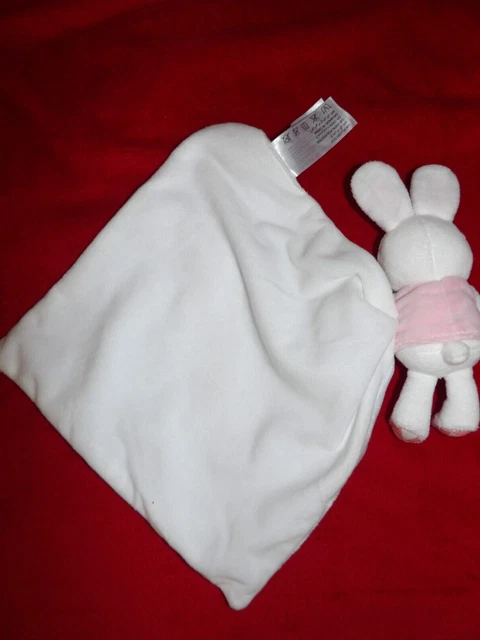 Doudou Peluche Mouchoir Lapin Lucky Bunny Blanc Rose Pois Shima neuf 2