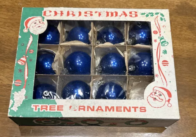 Vintage BLUE Glass Poland Christmas Tree Ornaments Qty 11 with Old Box Vintage