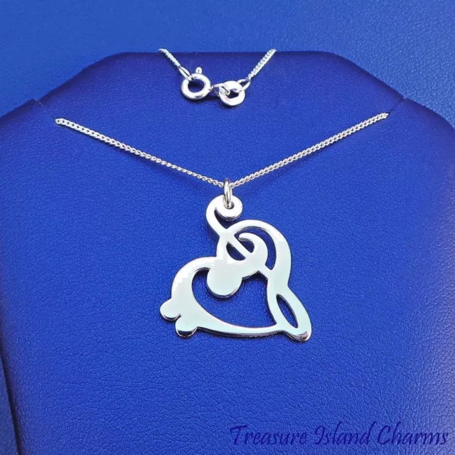 Bass and Treble Clef Heart Music Pendant 925 Sterling Silver Necklace 16" or 18"