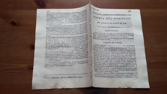 Núm 13 Gazeta del Gobierno del Jueves 31 de Agosto 1809 Gerona Tarragona Sevilla