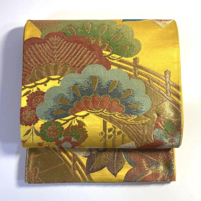 Japanese used OBI KIMONO belt Pure Silk traditional woven Bridge pine