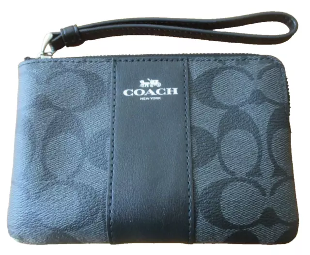 Coach Signature "C" Wristlet Purse PVC Leather Black/Smoke Corner Zip Chic Mint!