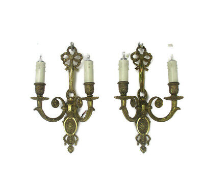 Pair Couple Vintage Ornate  Brass  Two-Arm Double Wall Sconces Bows Lovely