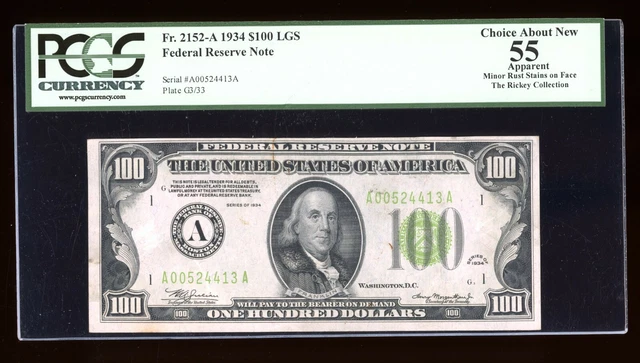 DBR 1934 $100 FRN Boston Fr. 2152-A LGS PCGS App 55 Serial A00524413A