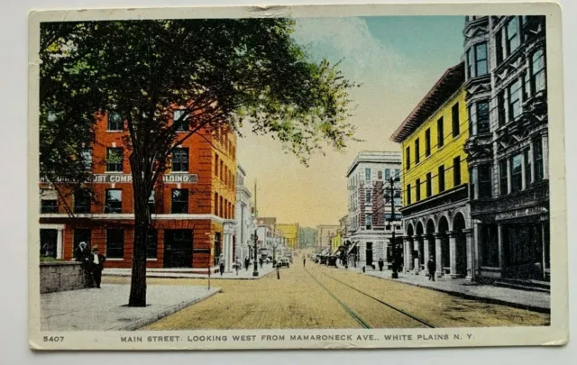 1921 NY Postcard White Plains Main St Looking West from Mamoroneck Ave stores