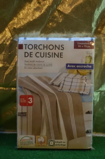 **Ancien Lot De 3 Torchons Neufs 100% Coton Absorbant 50X70 Cm