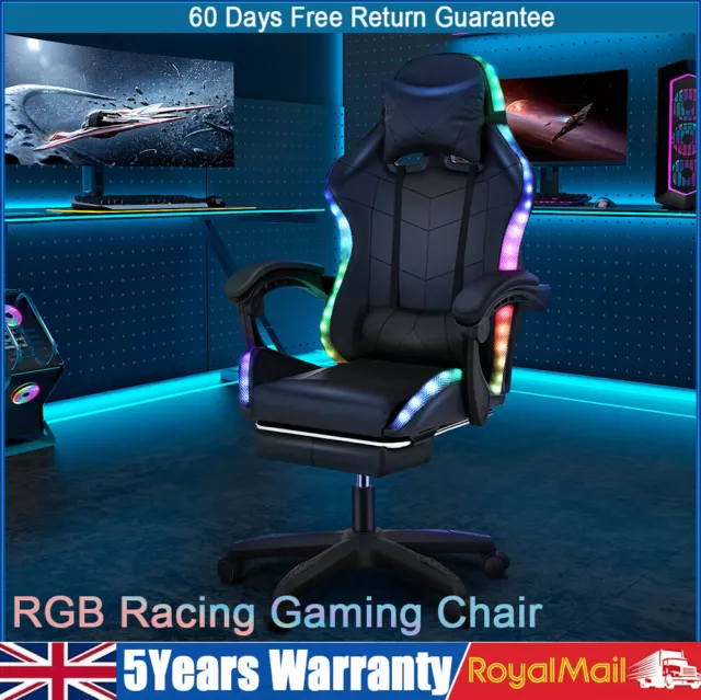 RGB Gaming Leather Computer Chair Swivel Office Chair Recliner Desk Chair UK