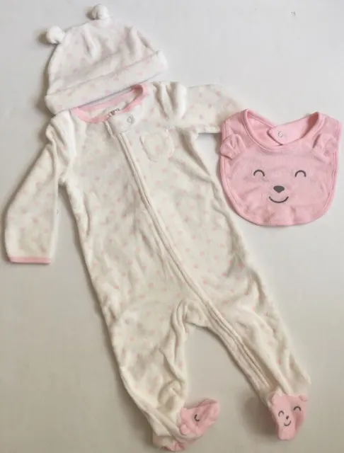 Carters Baby Girl Coverall Hat Bib Set Size 9 Months Layette Pink Dot Terry