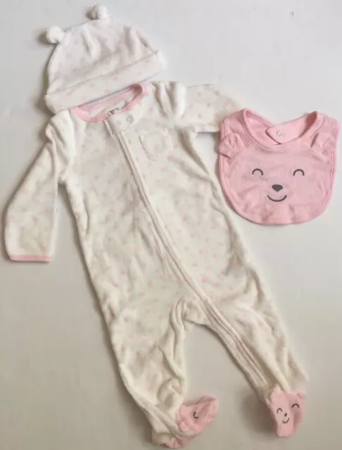 Carters Baby Girl Coverall Hat Bib Set Size 9 Months Layette Pink Dot Terry
