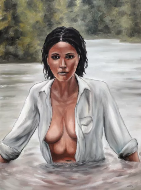 ORIGINAL Signed Handmade Oil painting on canvas. 23x17''. Nude woman on river