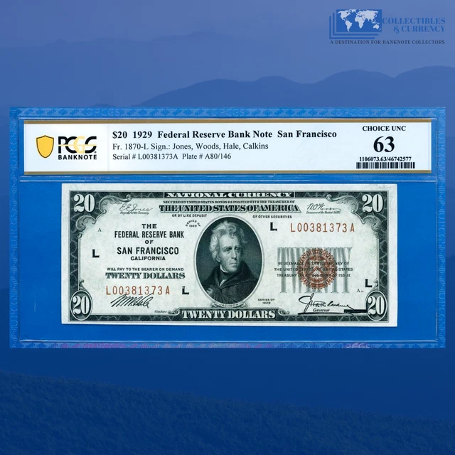 Fr.1870-L 1929 $20 Twenty Dollars FRBN San Francisco, PCGS 63 #81373