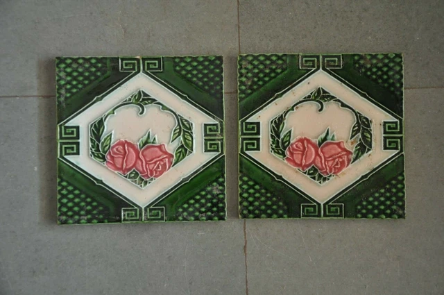 2 Pc Vintage F.M Fish Mark Rose Flower Embossed Ceramic Tiles,Japan 5