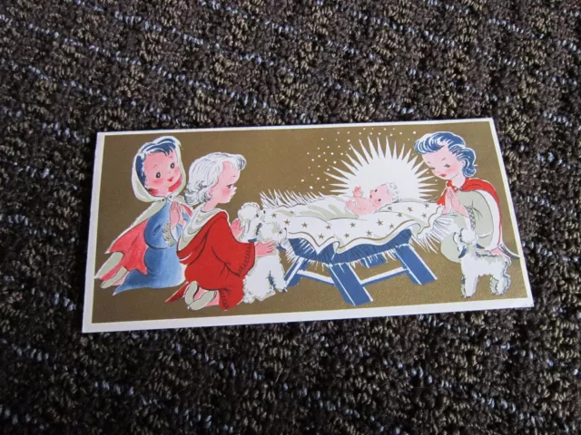 Vintage Christmas Card Little Shepherds Lambs around Baby Jesus UNUSED Free Ship