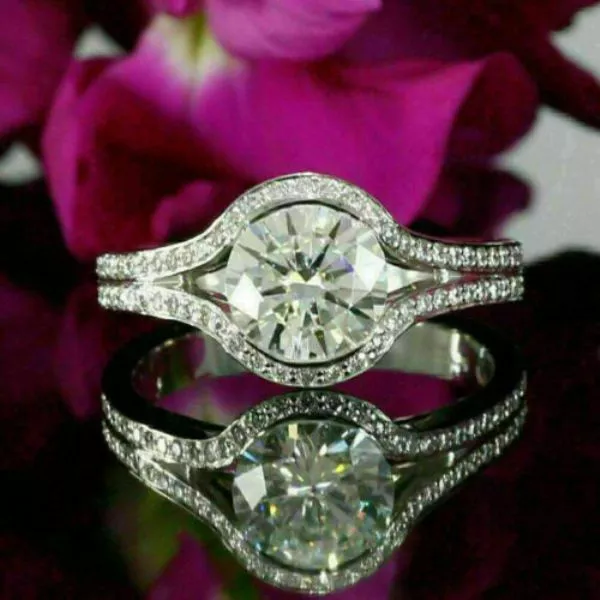 14K White Gold Over 2CT Round Cut White Moissanite Fancy Engagement Wedding Ring